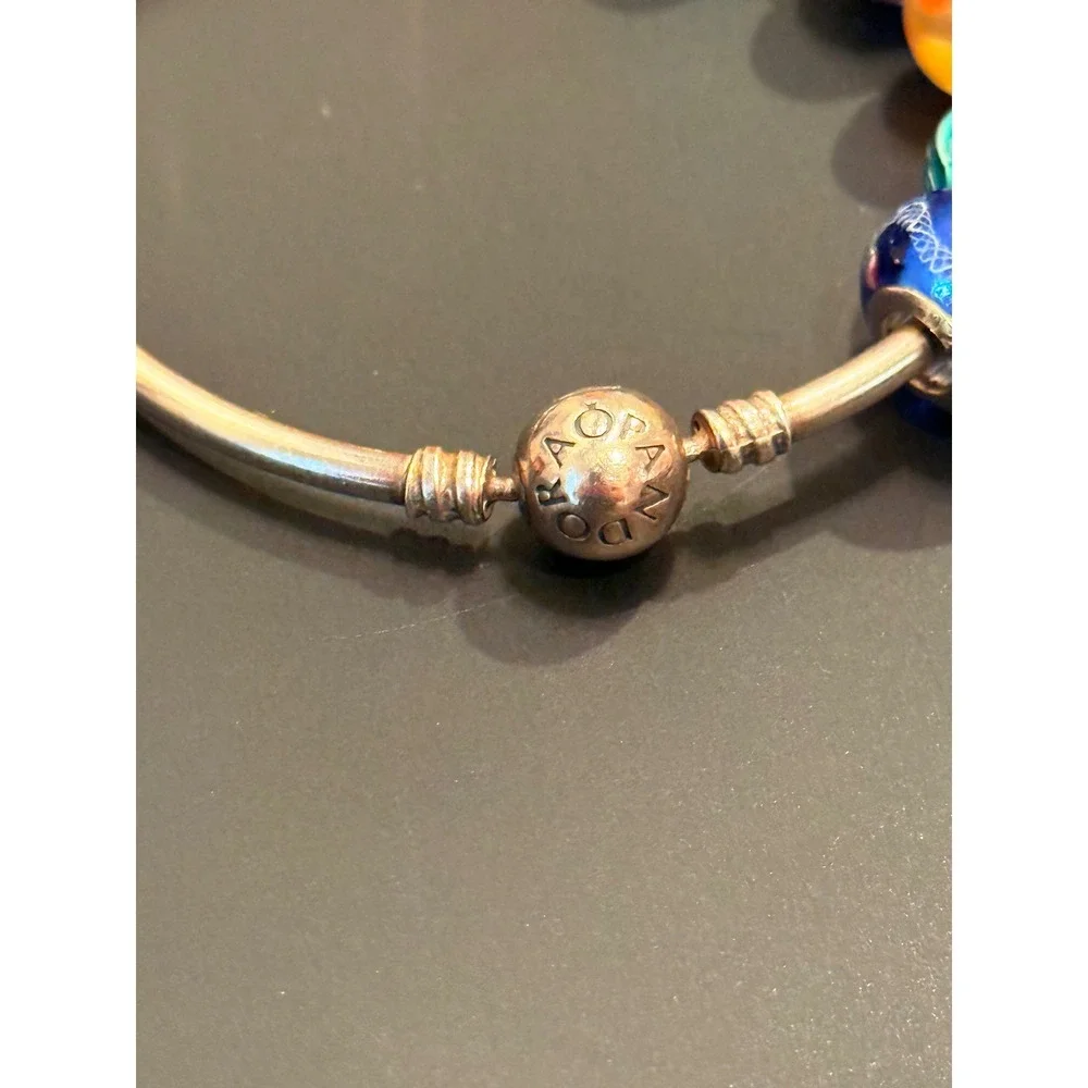 Pandora Sterling Silver Bangle Bracelet with 6 Colorful Glass Charms